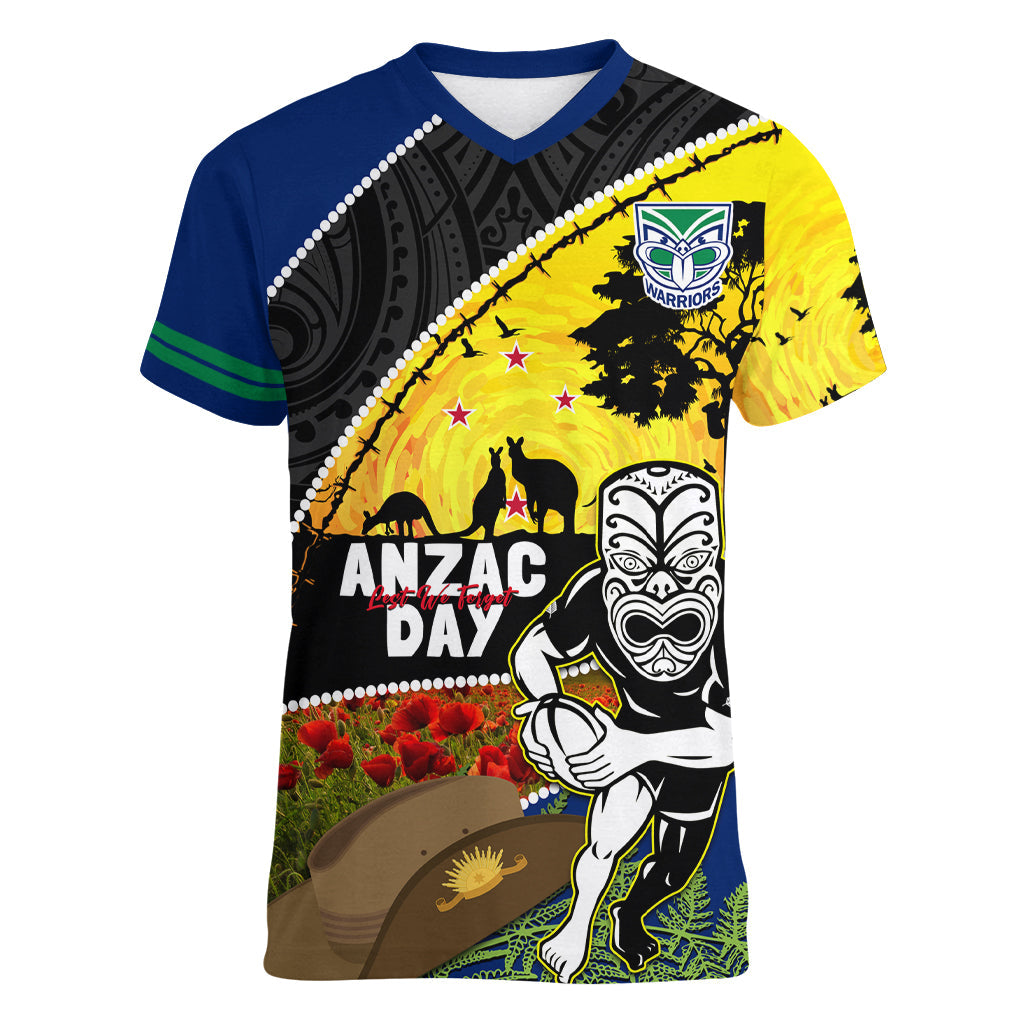 Warriors Rugby ANZAC Day Women V Neck T Shirt New Zealand Wahs Tiki Mascot Rosemary Starry Night