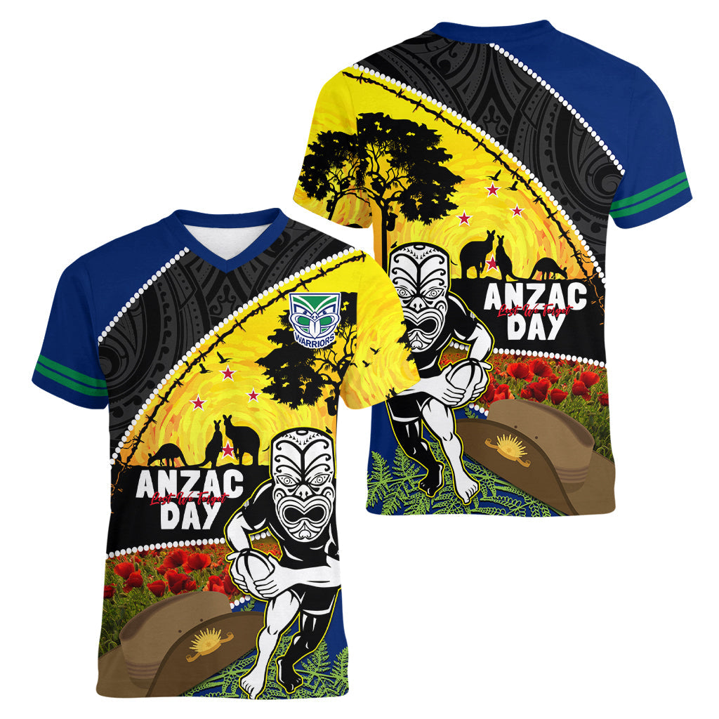 Warriors Rugby ANZAC Day Women V Neck T Shirt New Zealand Wahs Tiki Mascot Rosemary Starry Night