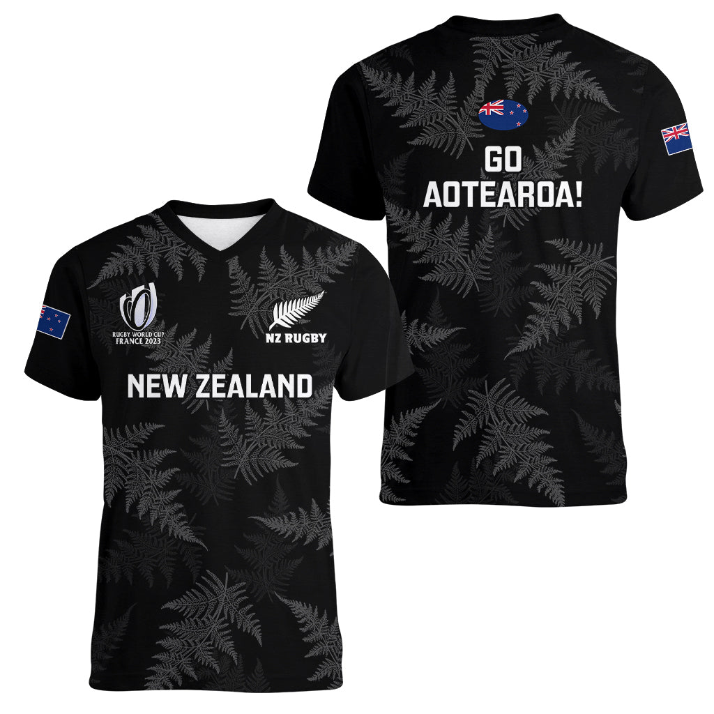 New Zealand Silver Fern Rugby Women V Neck T Shirt 2023 Go Aotearoa World Cup - Vibe Hoodie Shop