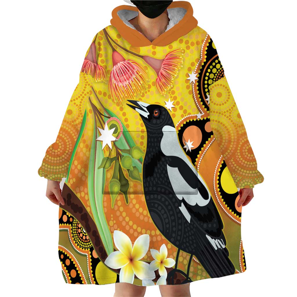 Australia Eucalyptus Flower And Magpie Wearable Blanket Hoodie Aboriginal Art - Vibe Hoodie Shop