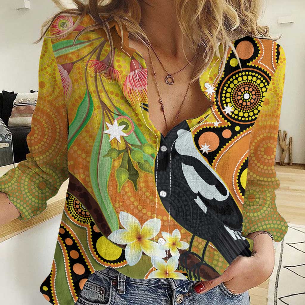 Australia Eucalyptus Flower And Magpie Women Casual Shirt Aboriginal Art - Vibe Hoodie Shop