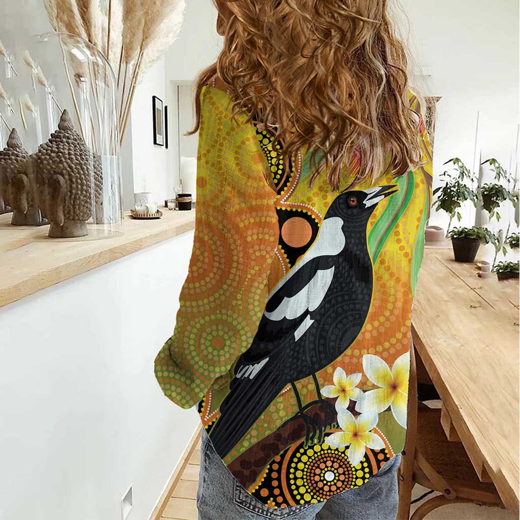 Australia Eucalyptus Flower And Magpie Women Casual Shirt Aboriginal Art - Vibe Hoodie Shop