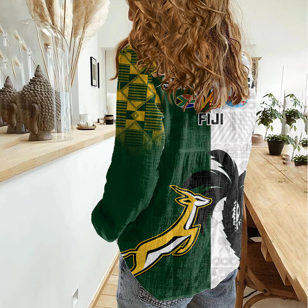 South Africa And Fiji Rugby Women Casual Shirt 2023 World Cup Fijian Tapa With Kente Pattern - Vibe Hoodie Shop