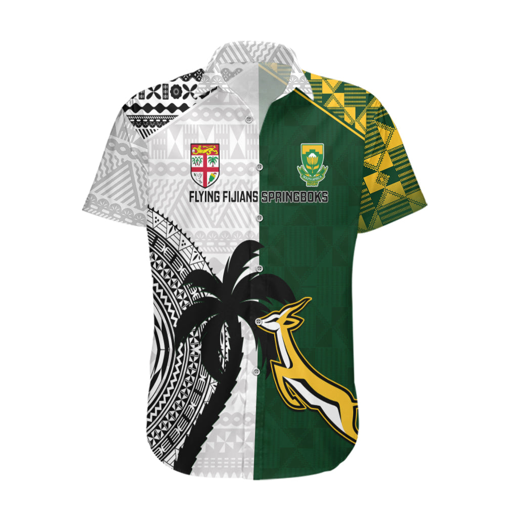 Custom South Africa And Fiji Rugby Hawaiian Shirt 2023 World Cup Fijian Tapa With Kente Pattern - Vibe Hoodie Shop