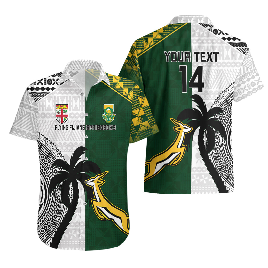 Custom South Africa And Fiji Rugby Hawaiian Shirt 2023 World Cup Fijian Tapa With Kente Pattern - Vibe Hoodie Shop