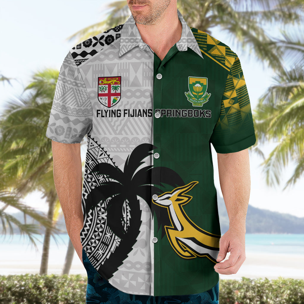 Custom South Africa And Fiji Rugby Hawaiian Shirt 2023 World Cup Fijian Tapa With Kente Pattern - Vibe Hoodie Shop