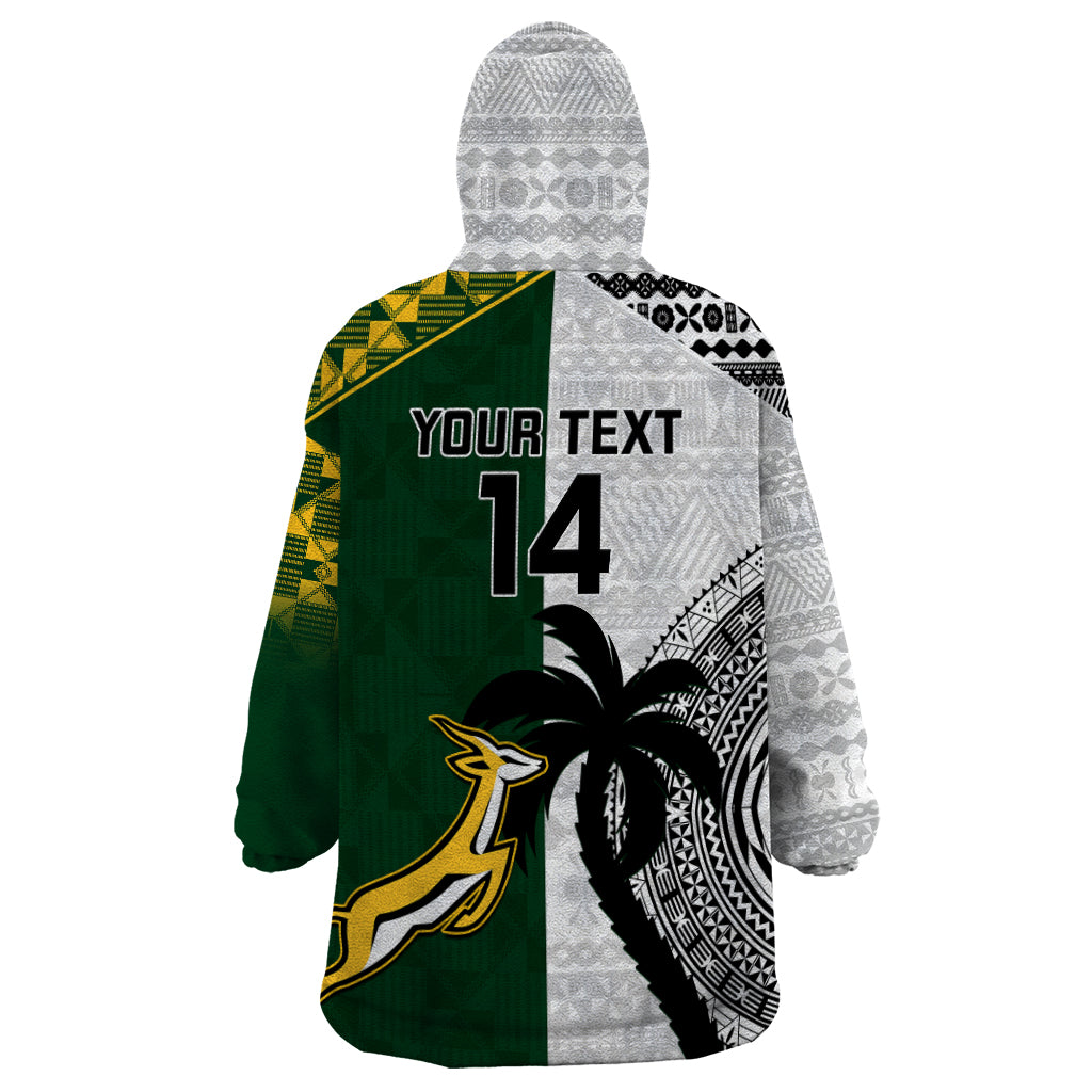 Custom South Africa And Fiji Rugby Wearable Blanket Hoodie 2023 World Cup Fijian Tapa With Kente Pattern - Vibe Hoodie Shop