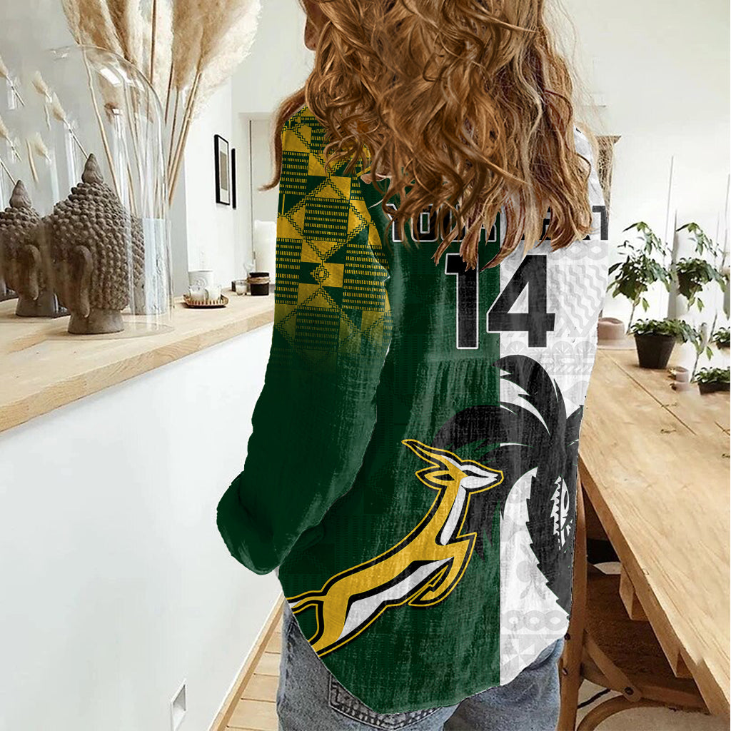 Custom South Africa And Fiji Rugby Women Casual Shirt 2023 World Cup Fijian Tapa With Kente Pattern - Vibe Hoodie Shop