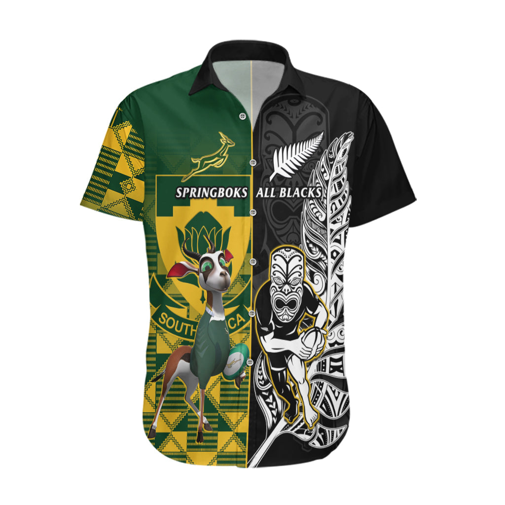 South Africa And Aotearoa Rugby Hawaiian Shirt 2023 Springboks Kente Combine All Black Maori Fern - Vibe Hoodie Shop