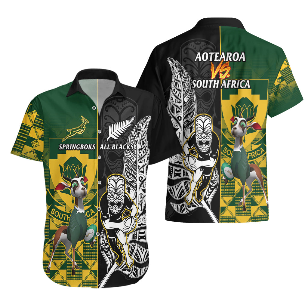 South Africa And Aotearoa Rugby Hawaiian Shirt 2023 Springboks Kente Combine All Black Maori Fern - Vibe Hoodie Shop