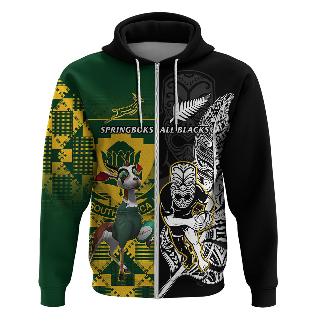 South Africa And Aotearoa Rugby Hoodie 2023 Springboks Kente Combine All Black Maori Fern - Vibe Hoodie Shop