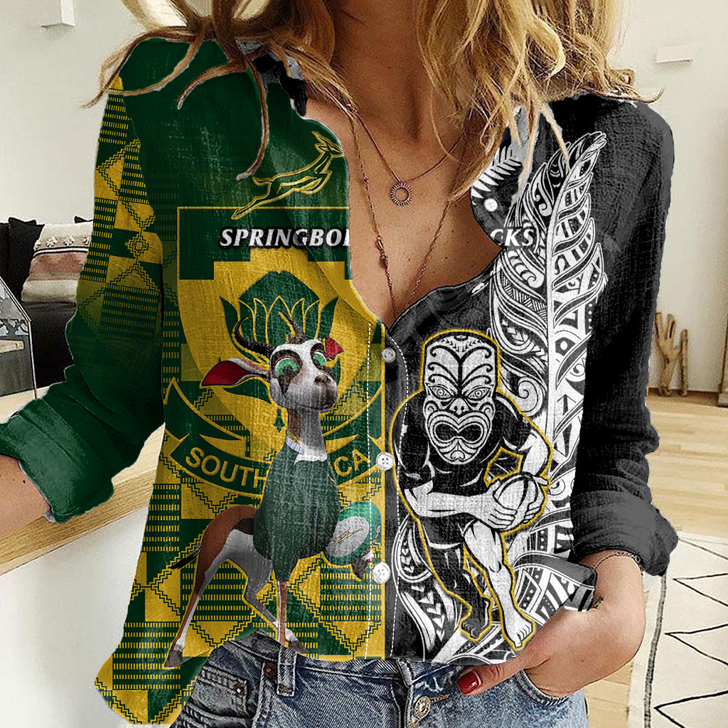 South Africa And Aotearoa Rugby Women Casual Shirt 2023 Springboks Kente Combine All Black Maori Fern - Vibe Hoodie Shop