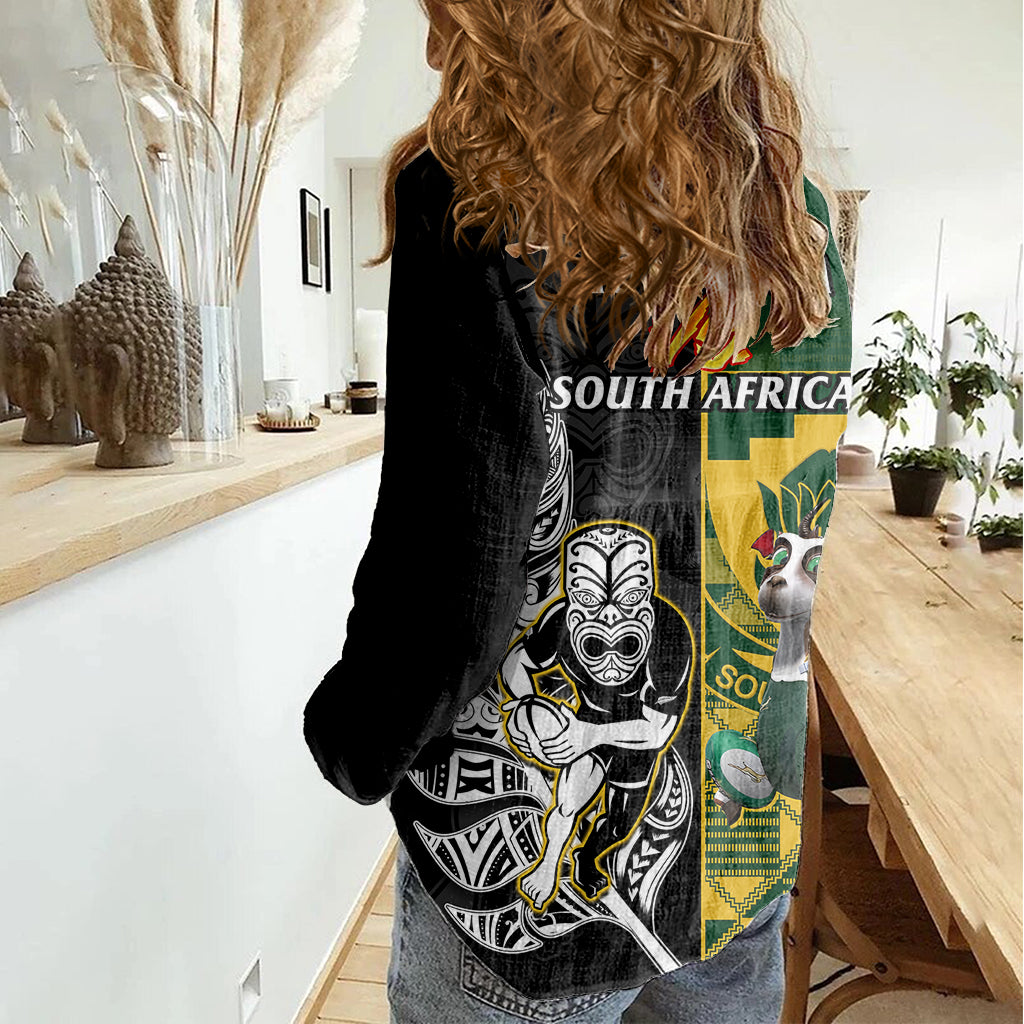 South Africa And Aotearoa Rugby Women Casual Shirt 2023 Springboks Kente Combine All Black Maori Fern - Vibe Hoodie Shop