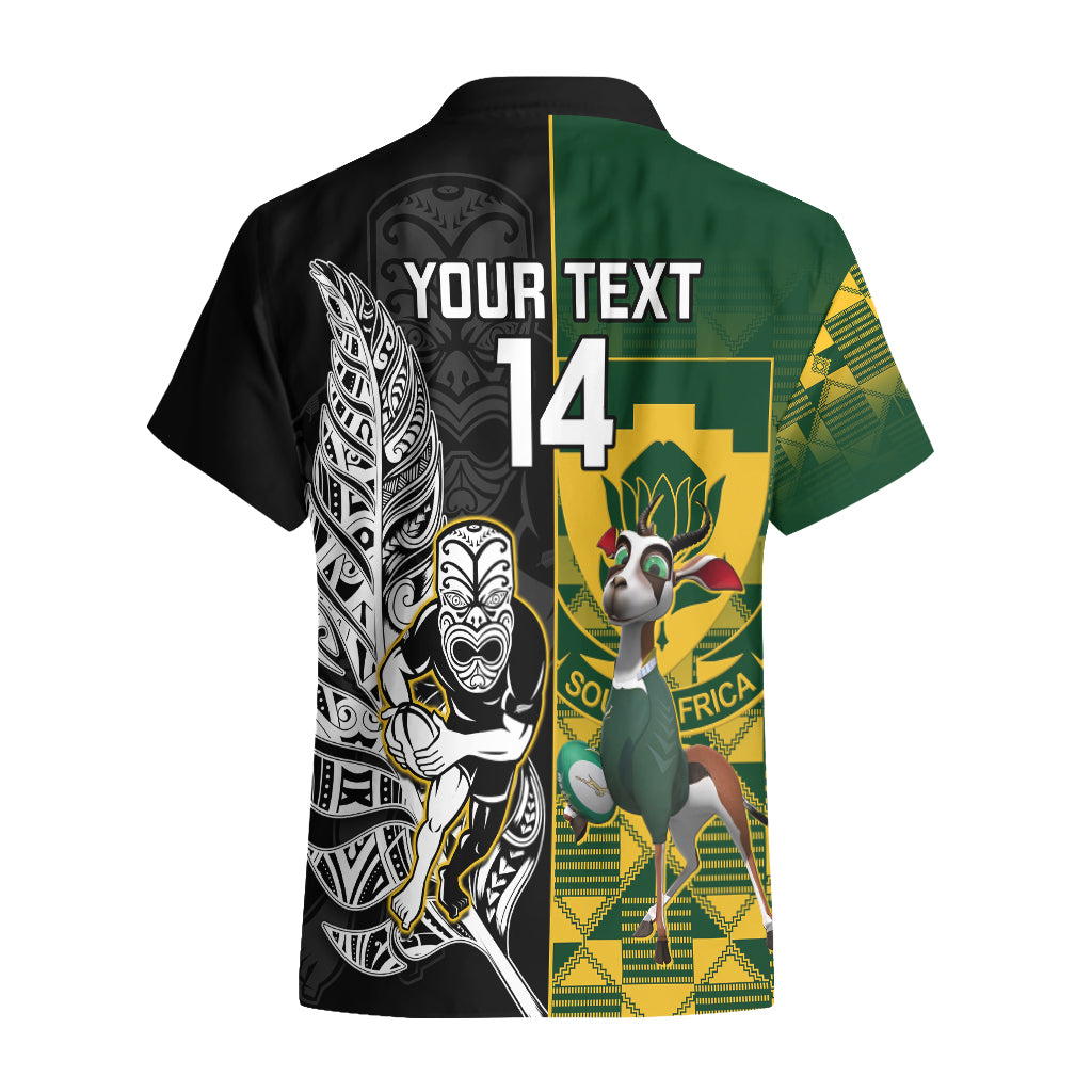 Custom South Africa And Aotearoa Rugby Hawaiian Shirt 2023 Springboks Kente Combine All Black Maori Fern - Vibe Hoodie Shop