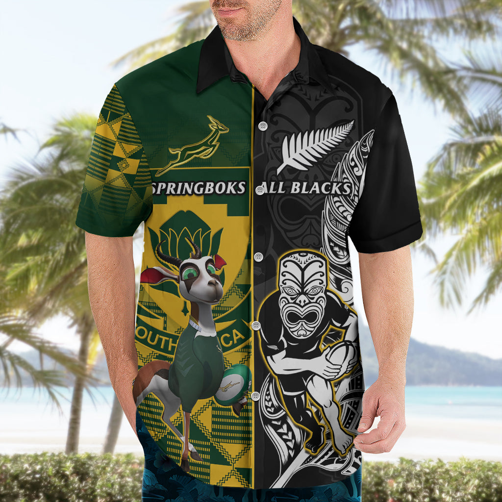Custom South Africa And Aotearoa Rugby Hawaiian Shirt 2023 Springboks Kente Combine All Black Maori Fern - Vibe Hoodie Shop