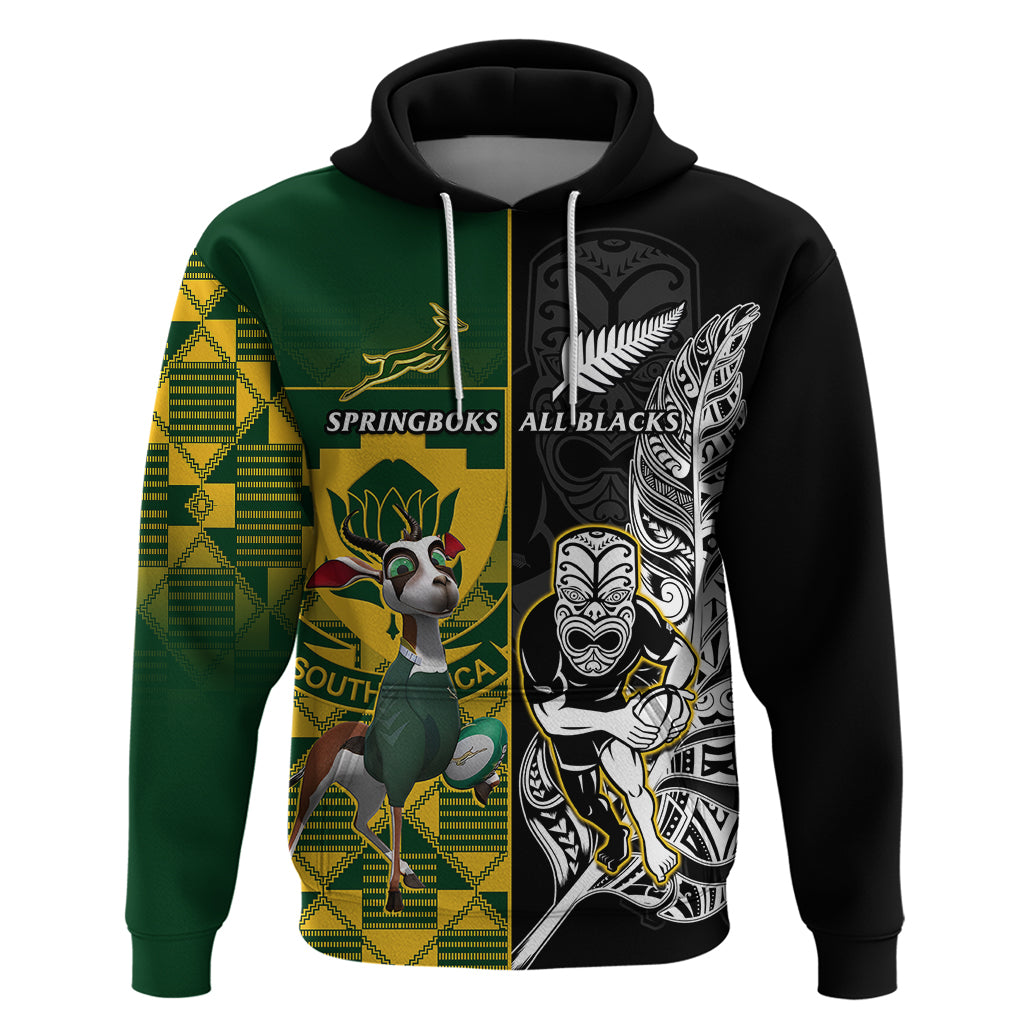 Custom South Africa And Aotearoa Rugby Hoodie 2023 Springboks Kente Combine All Black Maori Fern - Vibe Hoodie Shop