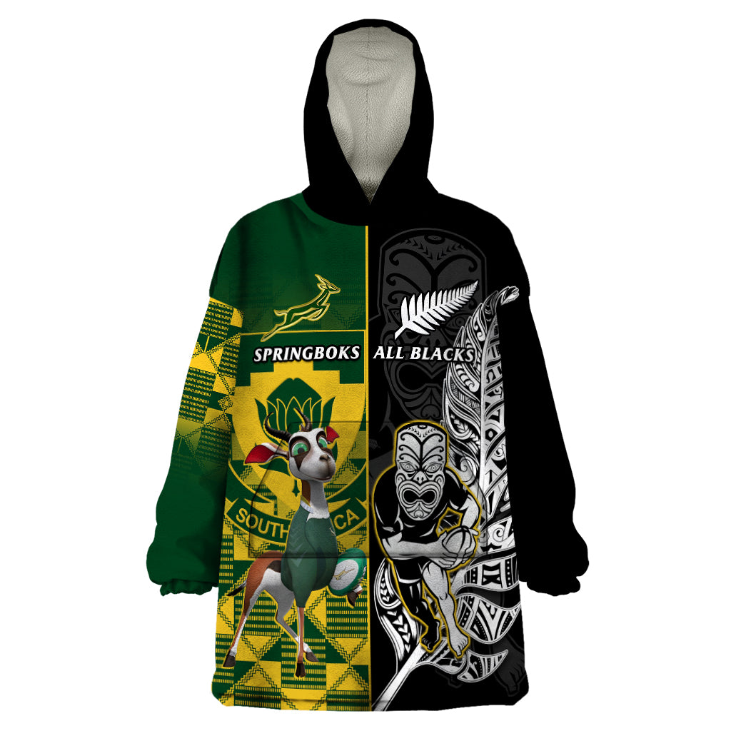 Custom South Africa And Aotearoa Rugby Wearable Blanket Hoodie 2023 Springboks Kente Combine All Black Maori Fern - Vibe Hoodie Shop