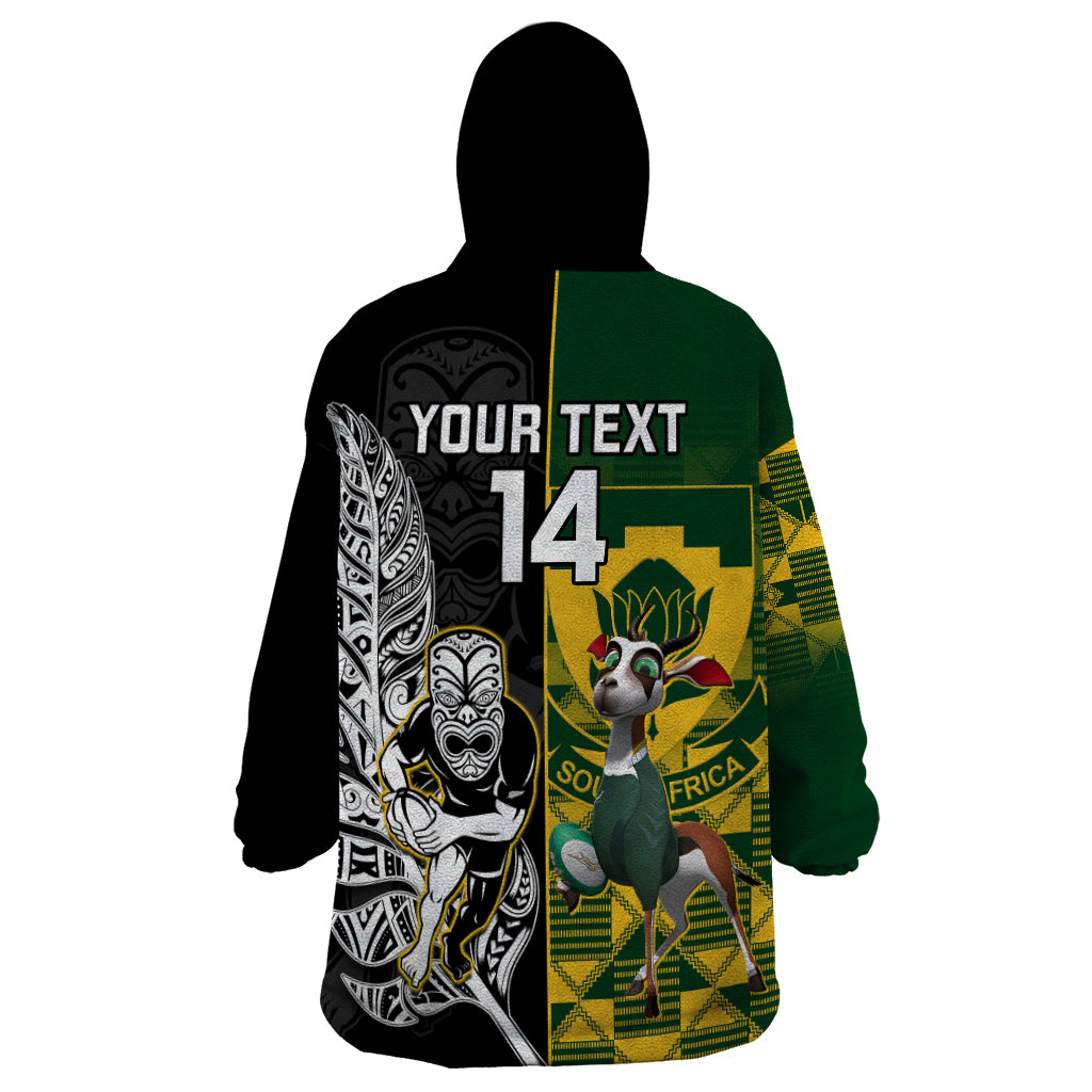 Custom South Africa And Aotearoa Rugby Wearable Blanket Hoodie 2023 Springboks Kente Combine All Black Maori Fern - Vibe Hoodie Shop