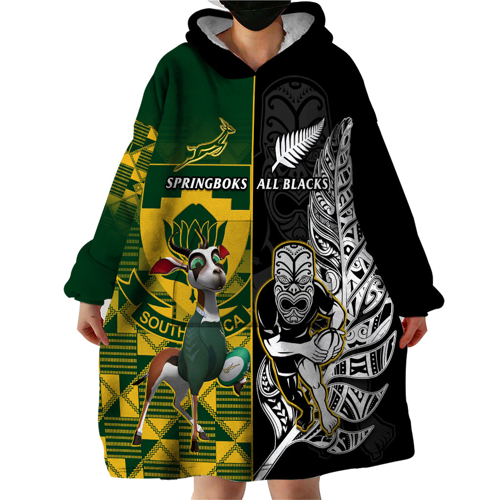 Custom South Africa And Aotearoa Rugby Wearable Blanket Hoodie 2023 Springboks Kente Combine All Black Maori Fern - Vibe Hoodie Shop