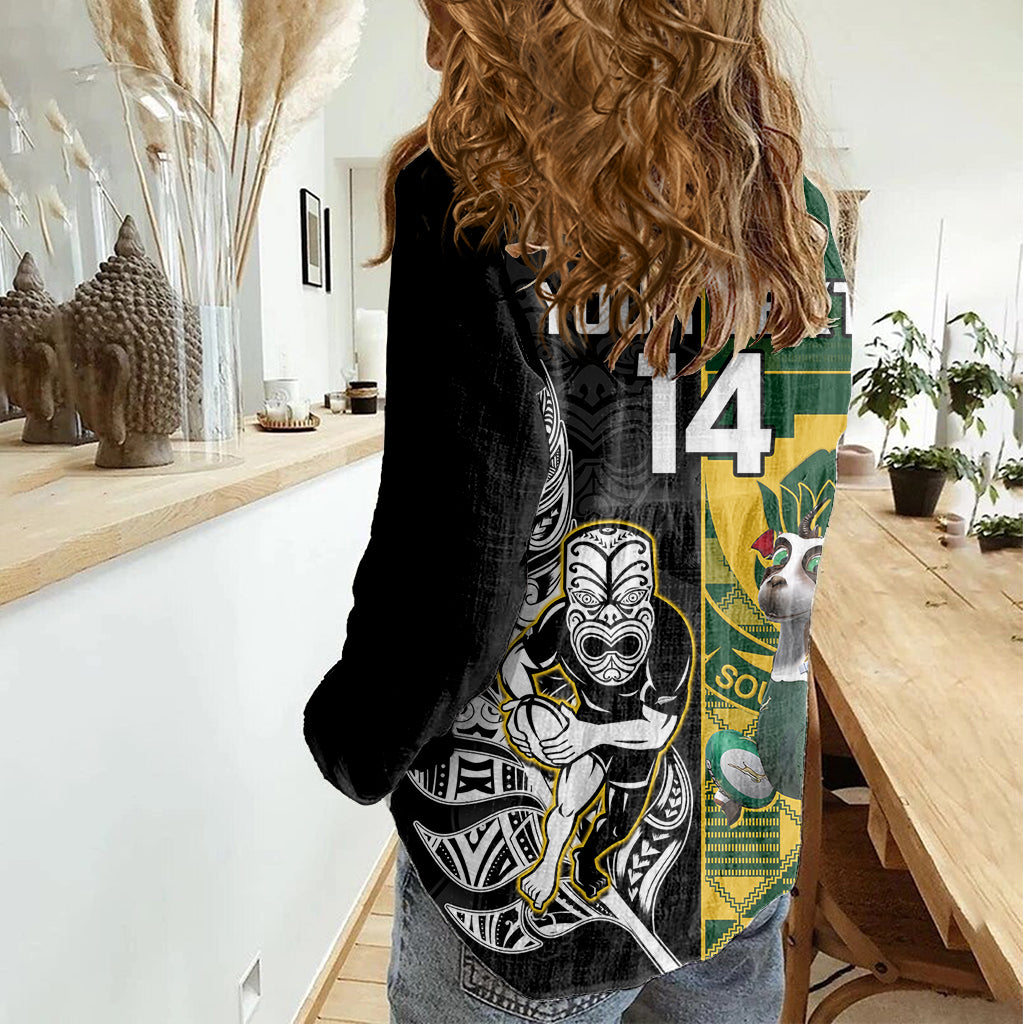 Custom South Africa And Aotearoa Rugby Women Casual Shirt 2023 Springboks Kente Combine All Black Maori Fern - Vibe Hoodie Shop