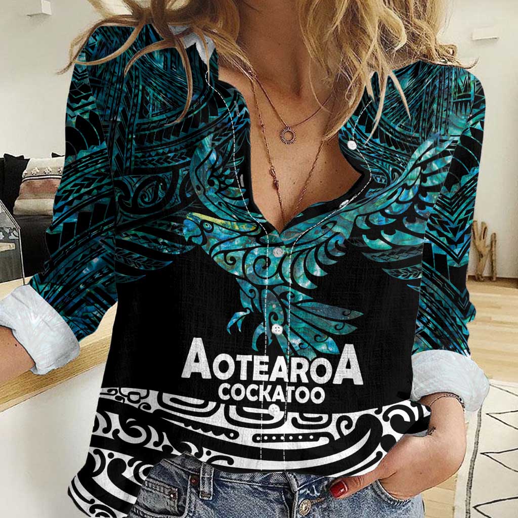 New Zealand Sulphur-crested Cockatoo Women Casual Shirt Aotearoa Maori Mix Paua Shell - Vibe Hoodie Shop
