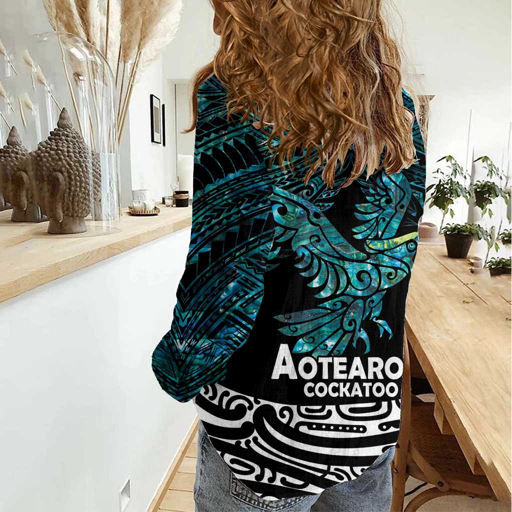 New Zealand Sulphur-crested Cockatoo Women Casual Shirt Aotearoa Maori Mix Paua Shell - Vibe Hoodie Shop