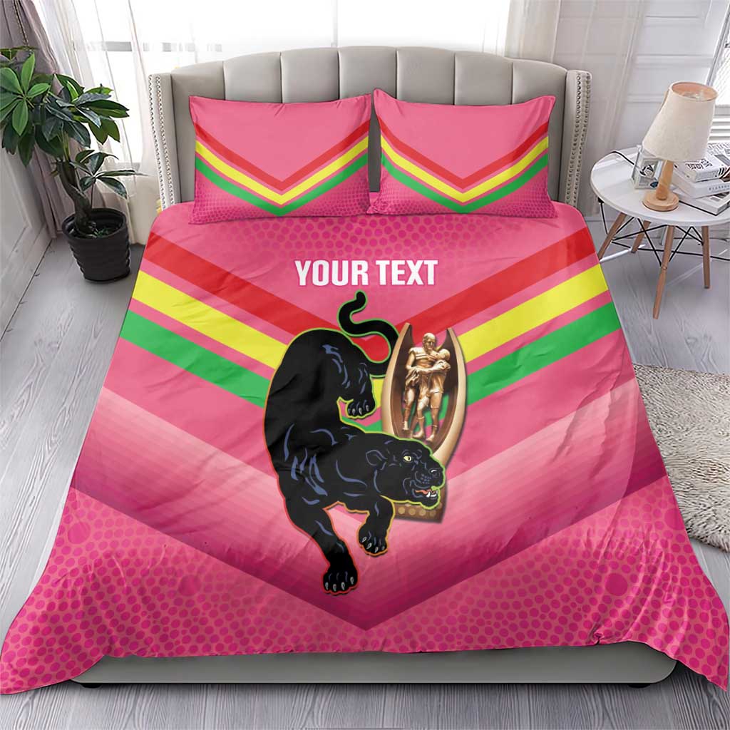 Personalised Panthers Rugby 2024 Bedding Set Mascot With Trophy Go Champions Aboriginal Art - Pink - Vibe Hoodie Shop