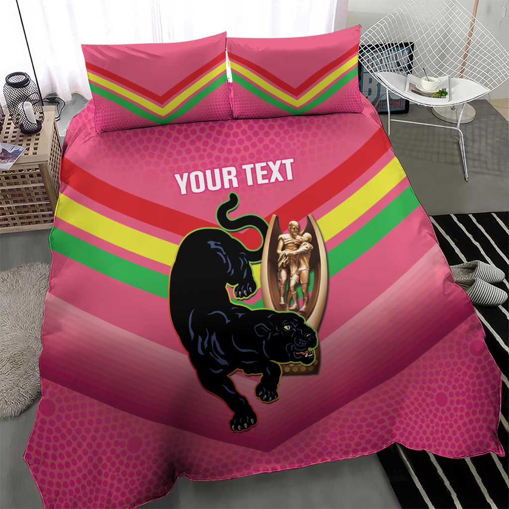 Personalised Panthers Rugby 2024 Bedding Set Mascot With Trophy Go Champions Aboriginal Art - Pink - Vibe Hoodie Shop