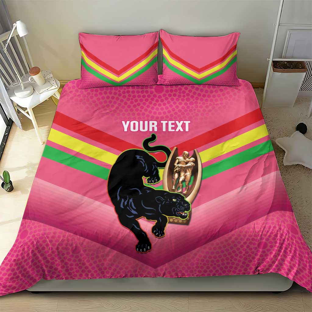 Personalised Panthers Rugby 2024 Bedding Set Mascot With Trophy Go Champions Aboriginal Art - Pink - Vibe Hoodie Shop
