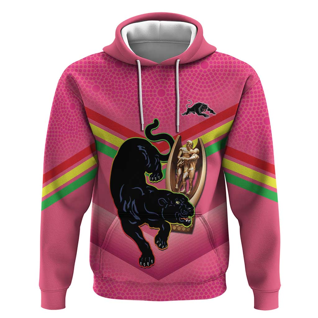 Personalised Panthers Rugby 2024 Hoodie Mascot With Trophy Go Champions Aboriginal Art - Pink - Vibe Hoodie Shop
