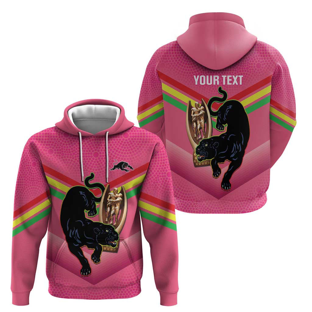 Personalised Panthers Rugby 2024 Hoodie Mascot With Trophy Go Champions Aboriginal Art - Pink - Vibe Hoodie Shop