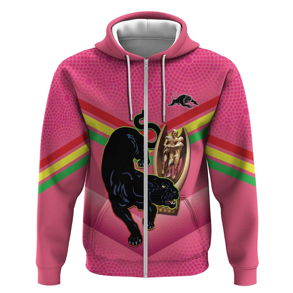 Personalised Panthers Rugby 2024 Hoodie Mascot With Trophy Go Champions Aboriginal Art - Pink - Vibe Hoodie Shop
