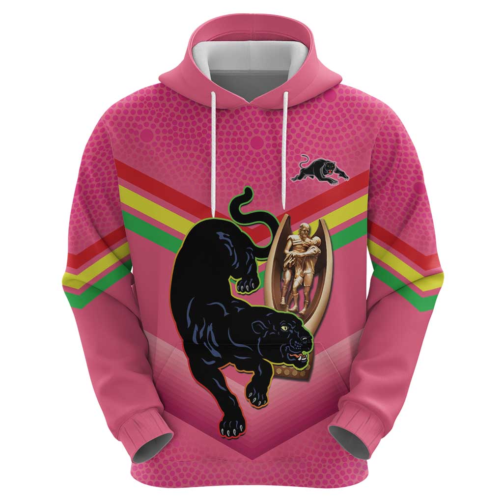 Personalised Panthers Rugby 2024 Hoodie Mascot With Trophy Go Champions Aboriginal Art - Pink - Vibe Hoodie Shop