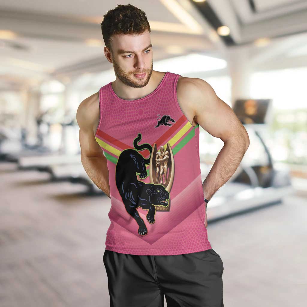 Personalised Panthers Rugby 2024 Men Tank Top Mascot With Trophy Go Champions Aboriginal Art - Pink - Vibe Hoodie Shop