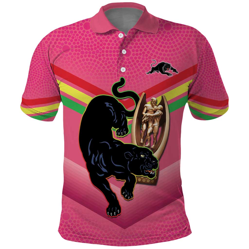 Personalised Panthers Rugby 2024 Polo Shirt Mascot With Trophy Go Champions Aboriginal Art - Pink - Vibe Hoodie Shop