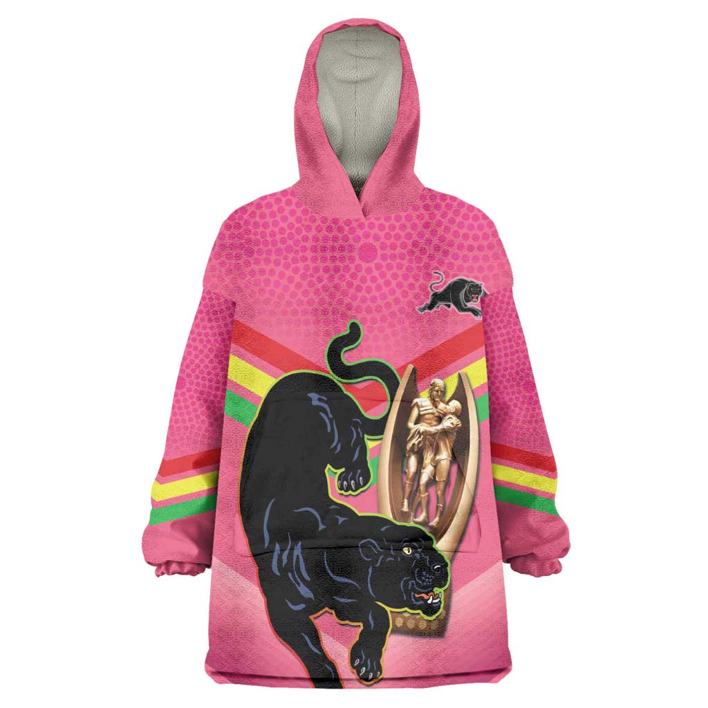 Personalised Panthers Rugby 2024 Wearable Blanket Hoodie Mascot With Trophy Go Champions Aboriginal Art - Pink - Vibe Hoodie Shop