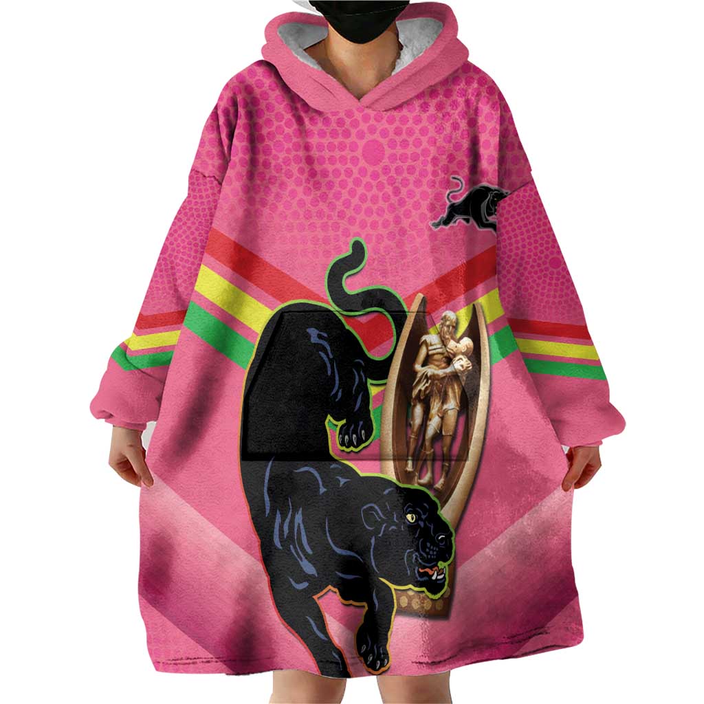 Personalised Panthers Rugby 2024 Wearable Blanket Hoodie Mascot With Trophy Go Champions Aboriginal Art - Pink - Vibe Hoodie Shop