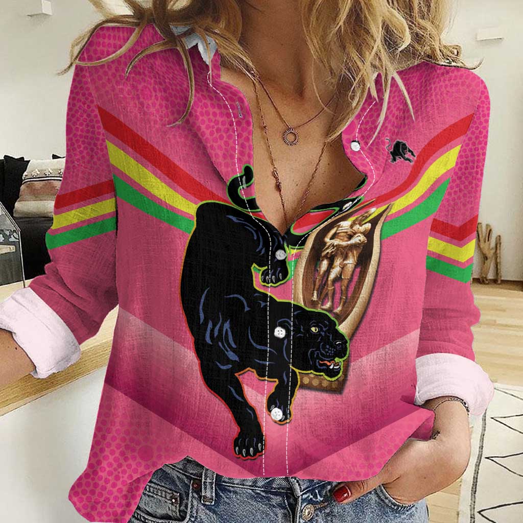 Personalised Panthers Rugby 2024 Women Casual Shirt Mascot With Trophy Go Champions Aboriginal Art - Pink - Vibe Hoodie Shop