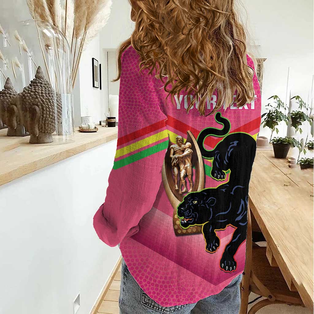 Personalised Panthers Rugby 2024 Women Casual Shirt Mascot With Trophy Go Champions Aboriginal Art - Pink - Vibe Hoodie Shop