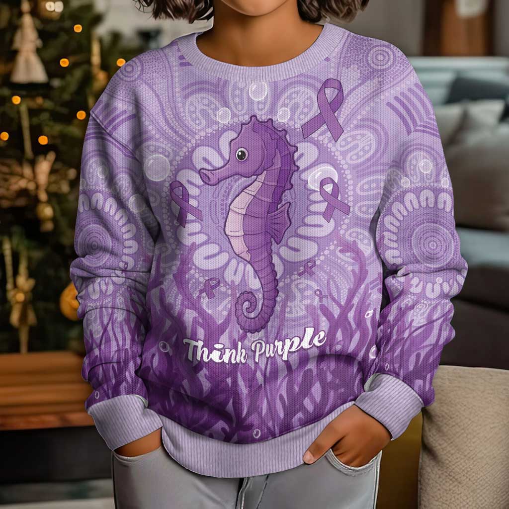 Australia Epilepsy Awareness Kid Ugly Christmas Sweater Seahorse Think Purple Ribbon Aboriginal - Vibe Hoodie