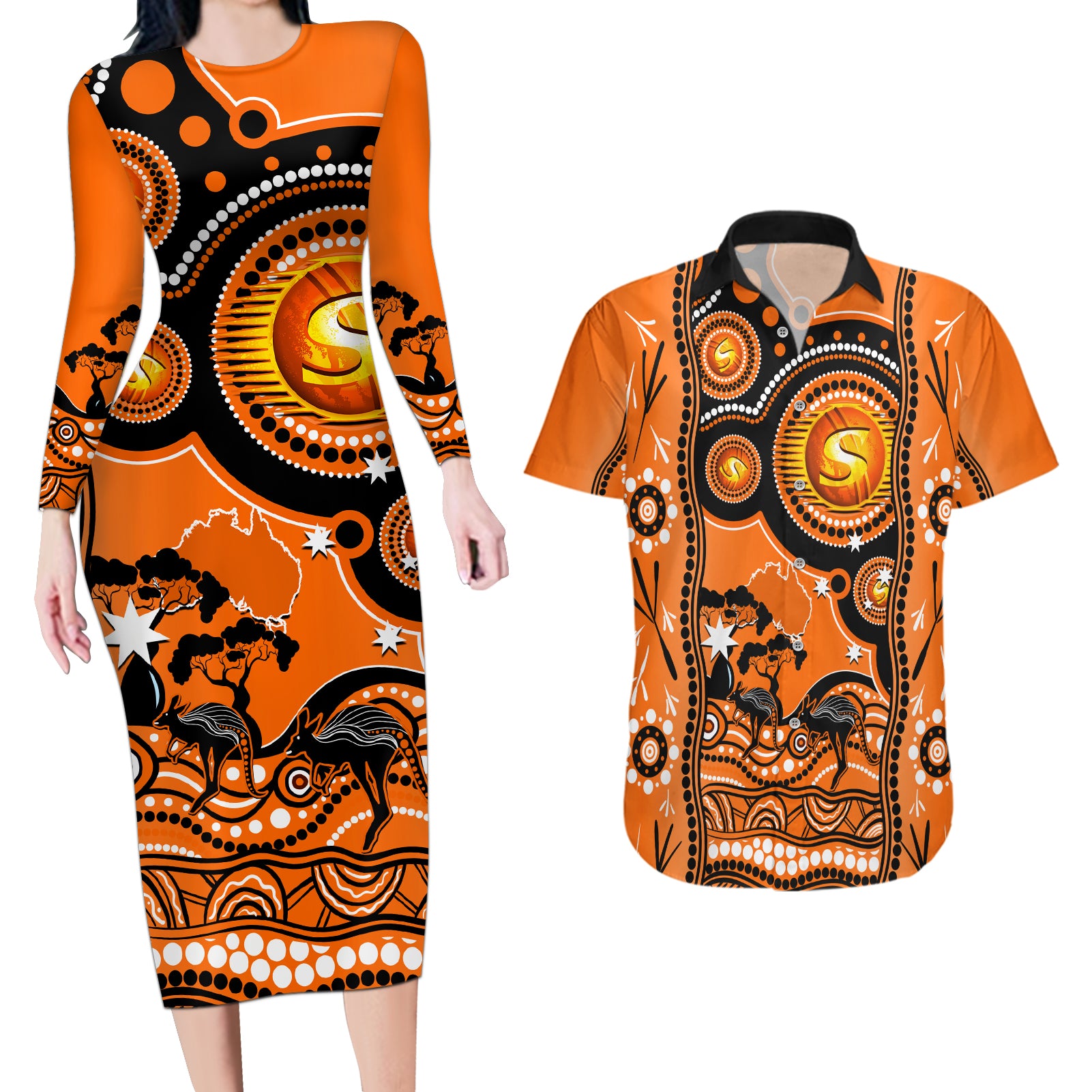 perth-scorchers-cricket-couples-matching-long-sleeve-bodycon-dress-and-hawaiian-shirt-happy-australia-day-aboriginal-art