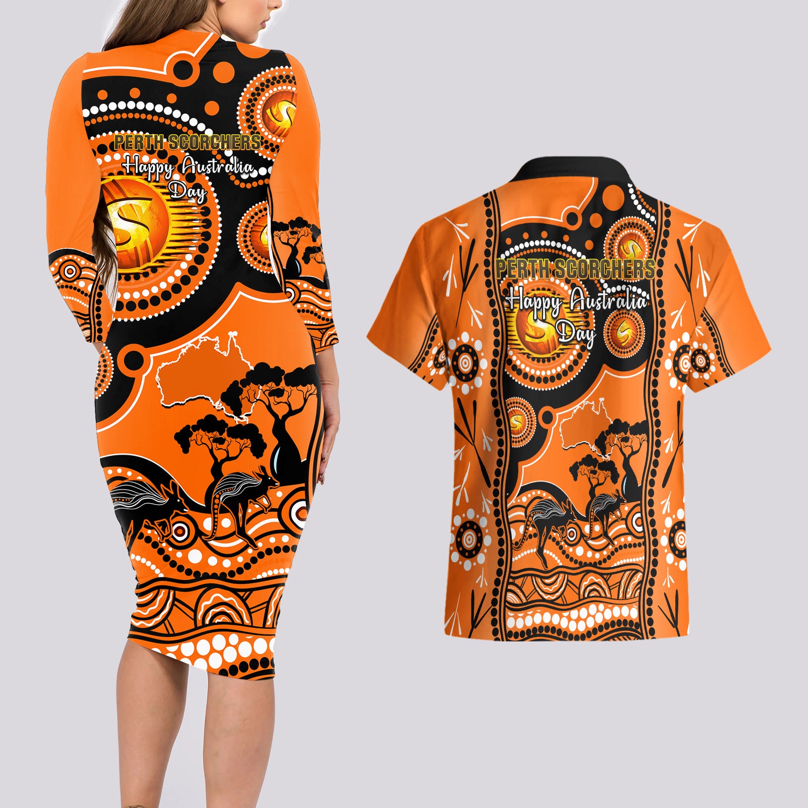 perth-scorchers-cricket-couples-matching-long-sleeve-bodycon-dress-and-hawaiian-shirt-happy-australia-day-aboriginal-art