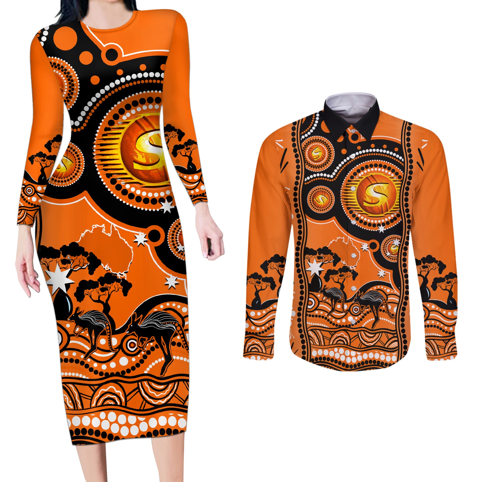 perth-scorchers-cricket-couples-matching-long-sleeve-bodycon-dress-and-long-sleeve-button-shirt-happy-australia-day-aboriginal-art