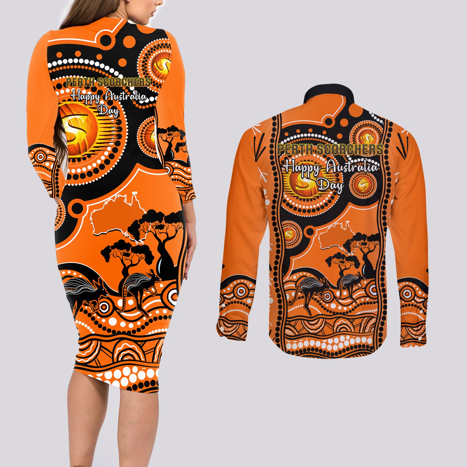 perth-scorchers-cricket-couples-matching-long-sleeve-bodycon-dress-and-long-sleeve-button-shirt-happy-australia-day-aboriginal-art