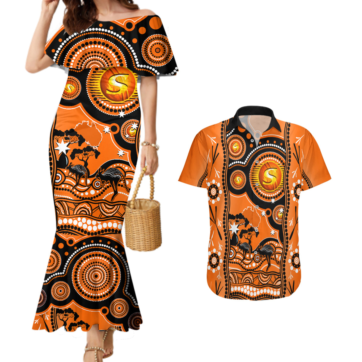 perth-scorchers-cricket-couples-matching-mermaid-dress-and-hawaiian-shirt-happy-australia-day-aboriginal-art