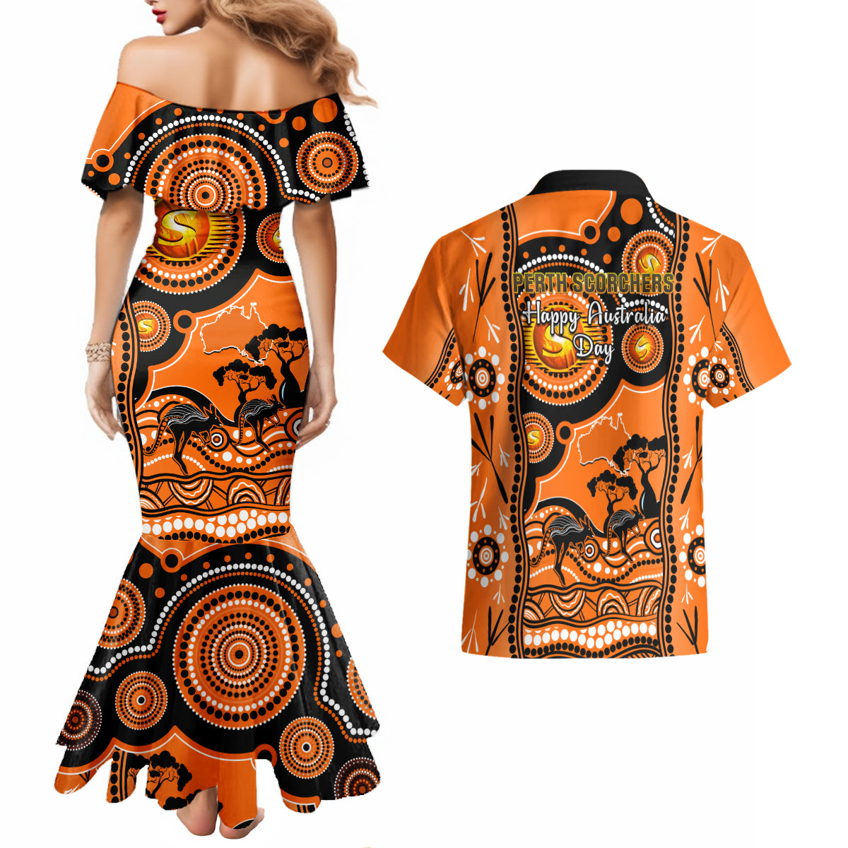 perth-scorchers-cricket-couples-matching-mermaid-dress-and-hawaiian-shirt-happy-australia-day-aboriginal-art