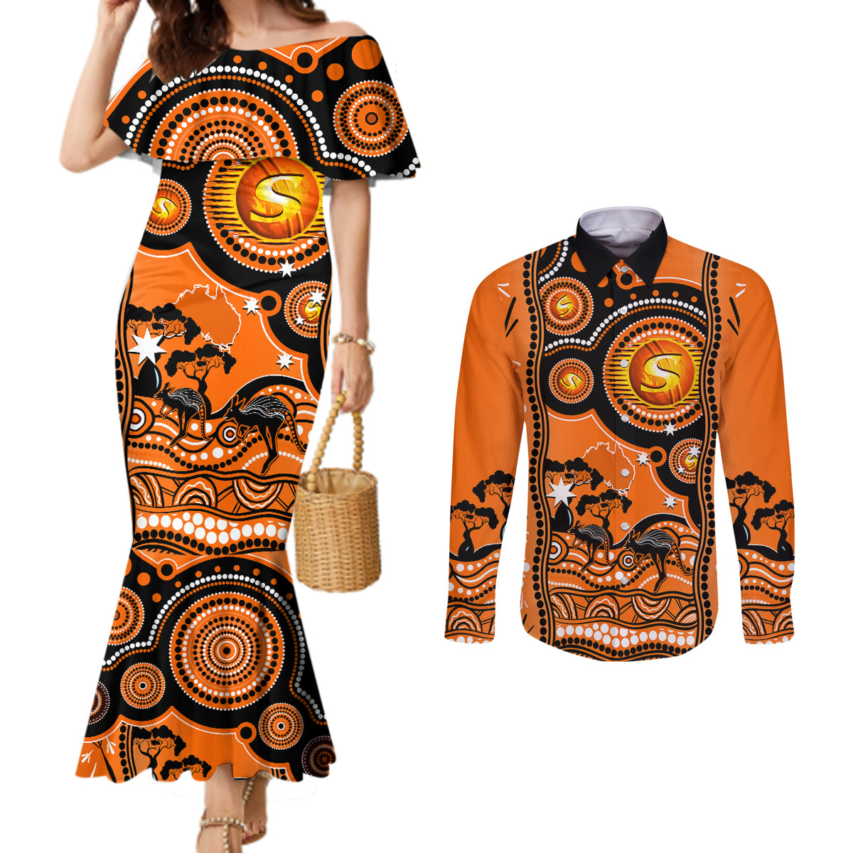 perth-scorchers-cricket-couples-matching-mermaid-dress-and-long-sleeve-button-shirt-happy-australia-day-aboriginal-art