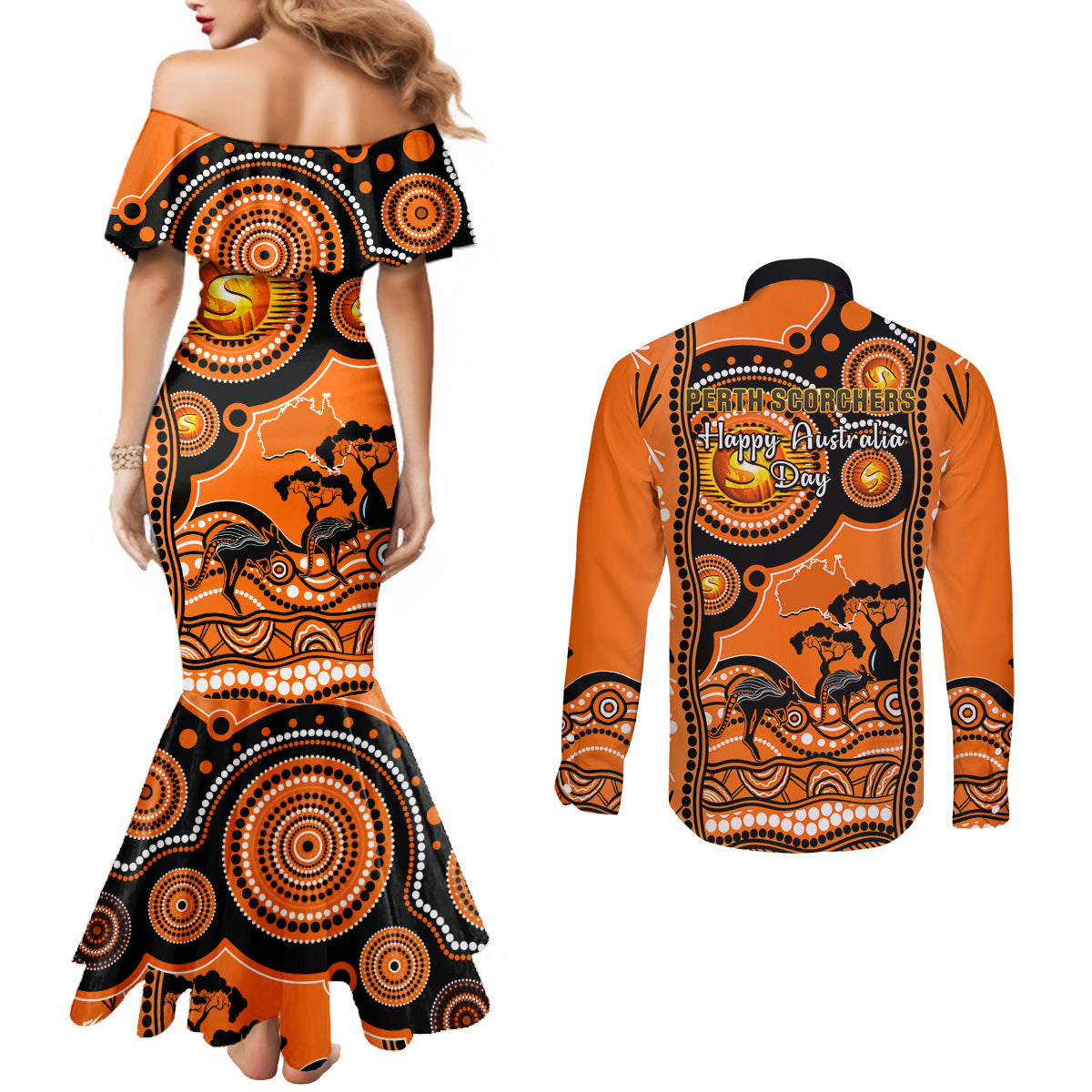 perth-scorchers-cricket-couples-matching-mermaid-dress-and-long-sleeve-button-shirt-happy-australia-day-aboriginal-art