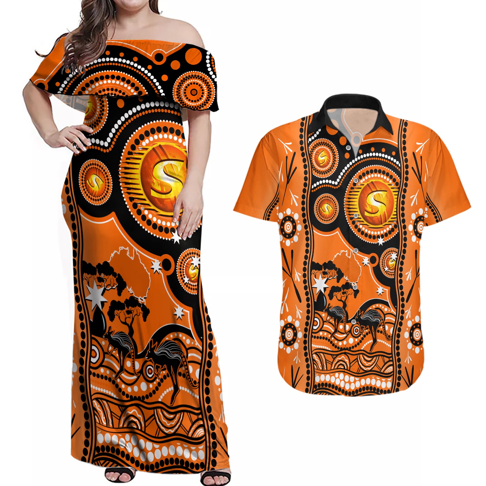 perth-scorchers-cricket-couples-matching-off-shoulder-maxi-dress-and-hawaiian-shirt-happy-australia-day-aboriginal-art