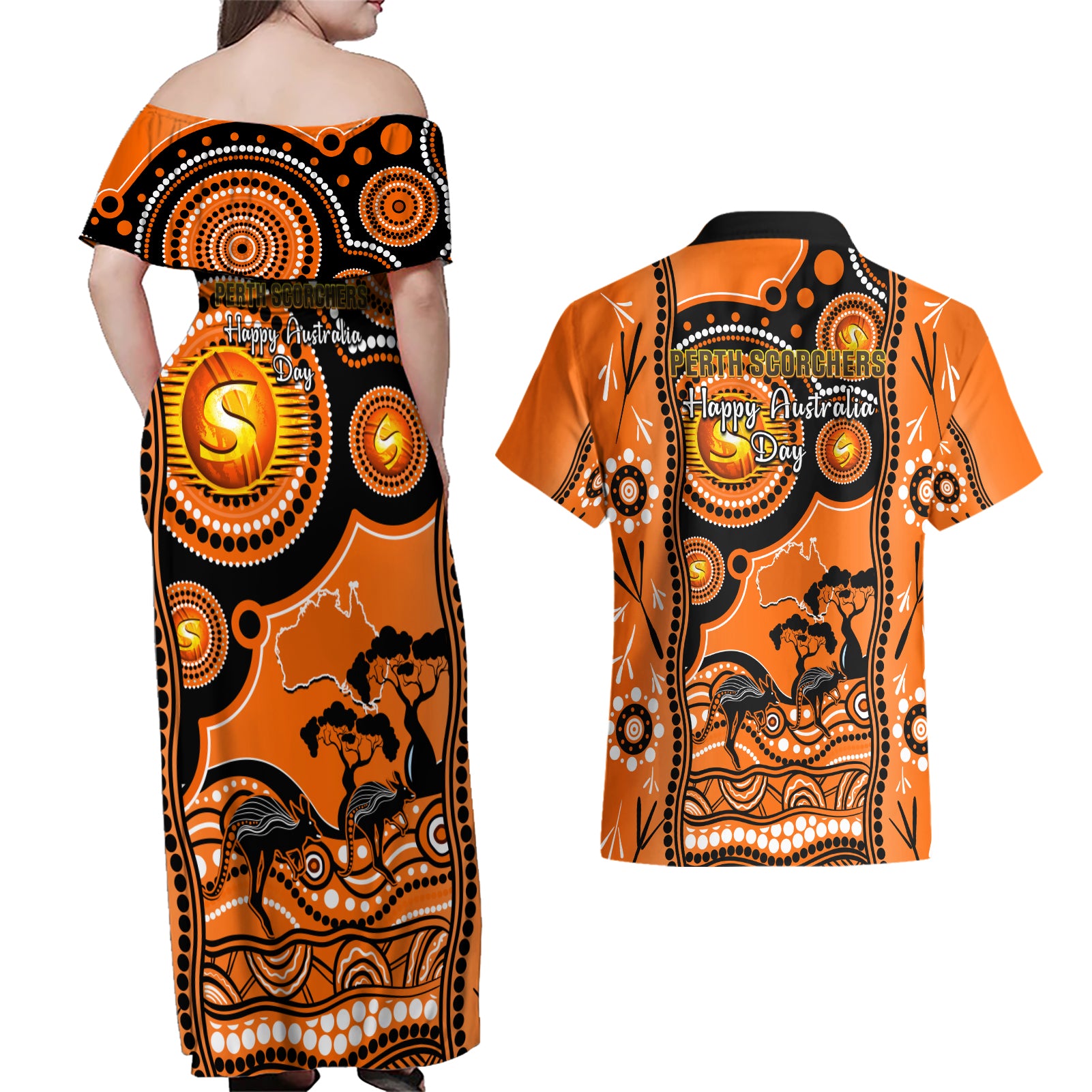 perth-scorchers-cricket-couples-matching-off-shoulder-maxi-dress-and-hawaiian-shirt-happy-australia-day-aboriginal-art